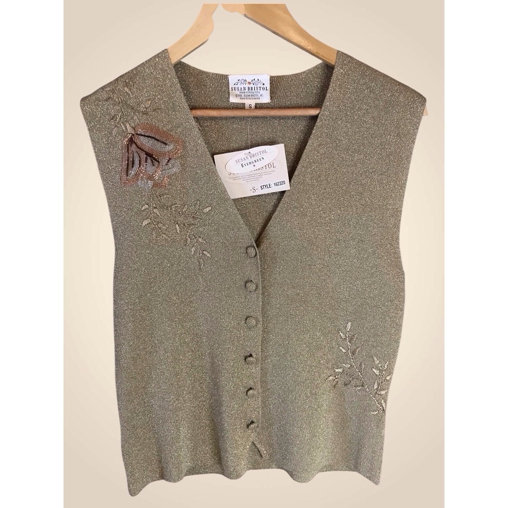 NWT Vintage 90s‎ Susan Bristol Vest Size Small Floral Embroidered Gold Shimmer